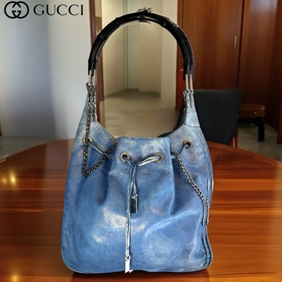 Authentic Gucci Distressed Denim-Wash Hobo Bag Bamboo Handle And Crossbody Chain - Picture 1 of 12